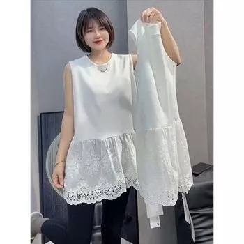 Европейские товары Вышитое жаккардовое кружево Безрукавный жилет Женский Весна и Осень Новое Омолаживающее Универсальное Стройнящее Наслоенное Нижнее Белье White 3XL