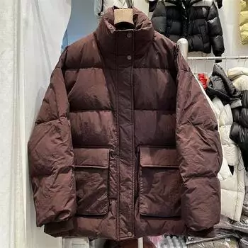 Европейские товары, воротник-стойка, большой карман, дизайн, чувство свободного и тонкого пуха, 2024, зимняя новая белая куртка из утиного пуха для женщин, прилив average size хаки