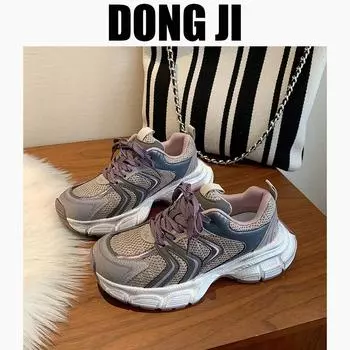 Европейские туфли для папы на толстой подошве, дышащие, женские, осень-зима 2024 года, новые, в стиле ретро, подходящие по цвету, универсальные, повседневные спортивные туфли 35 светло-фиолетовый