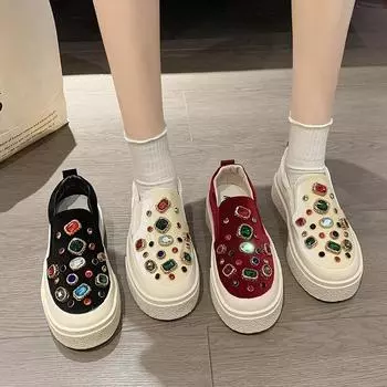 Европейские туфли на одной педали, женские, 2024, новые, ретро, бархатные, со стразами, повседневные туфли Xishi, удобные туфли Doudou 35 бордовый