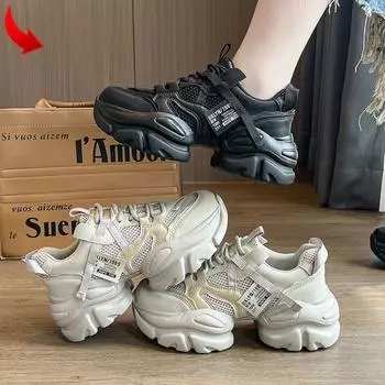 Европейские туфли на толстой подошве для женщин, увеличивающие рост, лето 2025 года, новые модные универсальные дышащие небольшие спортивные повседневные туфли 88