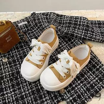 Европейские туфли на толстой подошве из натуральной мягкой кожи, женские, весна 2025, новые маленькие белые туфли с круглым носком, на шнуровке, повседневные туфли для хлеба 35 жёлтый