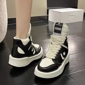 Европейские высокие туфли женские бархатные 2025 осень-зима на платформе маленькие белые папины туфли универсальные спортивные туфли для сноуборда повседневные 35 чёрный