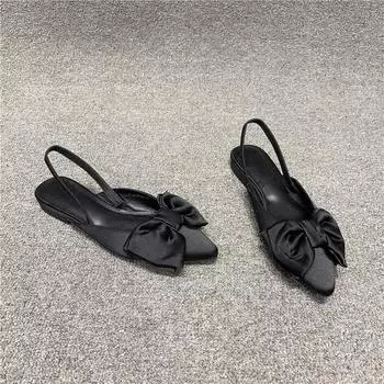 Европейские женские туфли 2025 года, летние туфли с острым носком и мелким бантом, однотонные туфли с закрытым носком и плоской подошвой в стиле ретро 35 чёрный