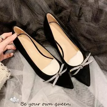 Европейские женские туфли на плоской подошве весна-лето модные туфли для девочек с острым носком и бантом из замши и кожи повседневные туфли женские туфли-лоферы без застежек 33 чёрный