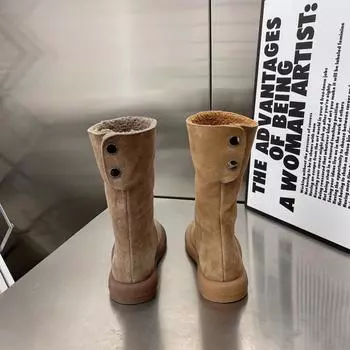 Европейские зимние ботинки женские зимние бархатные утолщенные хлопковые ботинки интернет-знаменитости пряжка сзади плоские короткие ботинки средние ботинки два сапога 40 коричневый