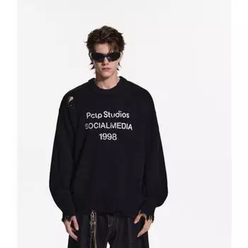 Европейский американец ins разрушение личности напечатанный круглый ворот ретро свитер осень и зима улица Y2K свободный дизайн модный дизайн толстовка M чёрный