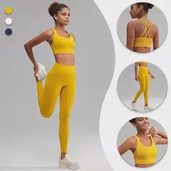 Европейский американский костюм для йоги с перекрестными спинами: Спортивный бюстгальтер для похудения и фитнес-брюки с карманами No-Line Small (S)