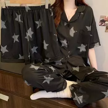 Европейский американский стиль черный звездный принт женская пижама из 3 предметов литературный ретро красивая домашняя одежда весна новая мода пижамы M чёрный