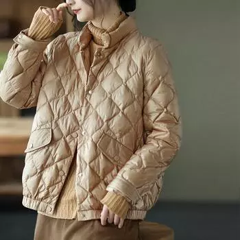Европейский белый утиный пух легкий пуховик женский короткий 2024 осень новый модный воротник стойка тонкое пальто S