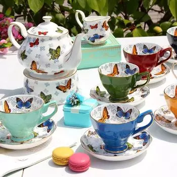 Европейский благородный чайник Butterfly Bone China, подогреватель чая, английская кофейная чашка и блюдце, набор ложек, сахарница, молочник, кофейный набор