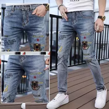 Европейский бренд Station Tide, джинсы с вышивкой, мужские светлые цвета, весна и осень, новый корейский стиль, модные облегающие повседневные узкие длинные брюки 28 синий