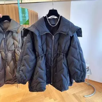 Европейский дизайн, свободная повседневная куртка-пуховик с большими лацканами, женская зимняя куртка средней и длинной талии, утолщенная, белая, на утином пуху S чёрный