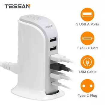 Европейский дорожный адаптер TESSAN USB C, башня для быстрого зарядного устройства мощностью 40 Вт для нескольких устройств, вилка типа C для путешествий