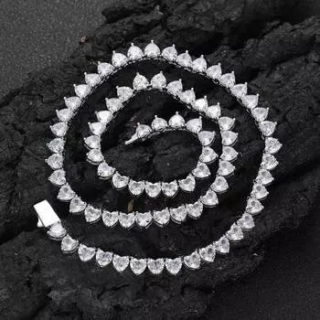 Европейский хип-хоп 6 мм, весенняя застежка, любящее сердце, циркониевое теннисное ожерелье, модное брендовое индивидуальное ожерелье из золота 18 карат, мужское ожерелье 16 inches (length 40cm)