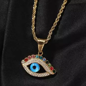 Европейский хип-хоп хип-хоп новый кулон из нержавеющей стали с голубыми глазами креативная ниша с красочными кристаллами кулон свитер-цепочка