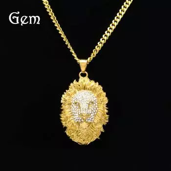 Европейский хип-хоп полный бриллиант голова льва кулон ожерелье мужская личность бриллиант животное нержавеющая сталь кубинские звенья цепи аксессуары