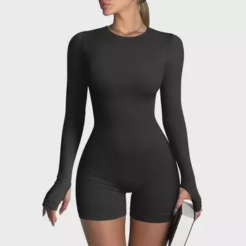 Европейский и американский бесшовный комбинезон для йоги с длинными рукавами S чёрный