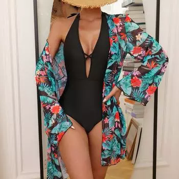 Европейский и американский бикини, двухсекционный сиамский консервативный купальник из сетки с цифровым принтом S чёрный