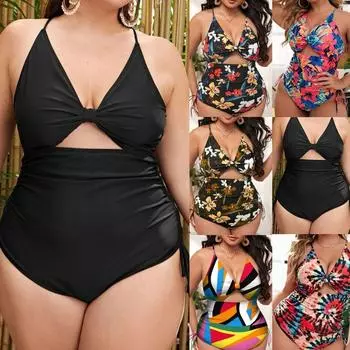 Европейский и американский бикини плиссированный впадина живота и тонкий слитный купальник плюс 0XL чёрный