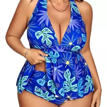 Европейский и американский бикини, сексуальный костюм, разделенный купальник, цветная печать, купальник больших размеров 0XL синий