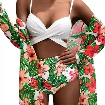 Европейский и американский бикини, сексуальный сетчатый купальник из трех частей с принтом и разрезом S