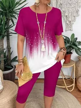 Европейский и американский большие размеры градиентный топ с коротким рукавом и шорты средней длины комплект из двух предметов для лета 2XL