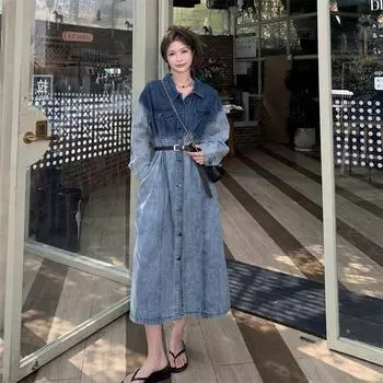 Европейский и американский большой размер fat M tie-dye постепенное изменение джинсовое платье ленивый ветер укрытие мясной тонкий длинная юбка постепенное изменение синий M
