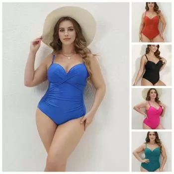 Европейский и американский цельный купальник большого размера со стальным подносом и жесткой сумкой, однотонный, с присборенными плечами, тонкий купальник 0XL чёрный