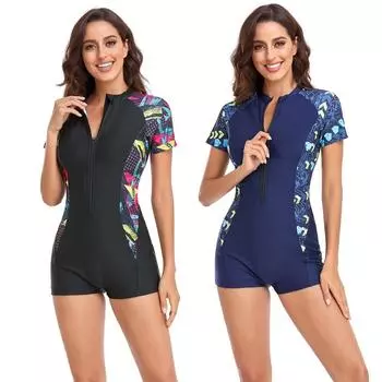 Европейский и американский цельный купальник с короткими рукавами и застежкой-молнией консервативный женский купальник для серфинга S чёрный