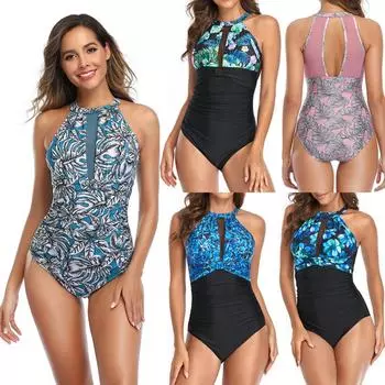 Европейский и американский цельный купальник с цифровой печатью Модный консервативный купальник S