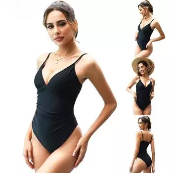 Европейский и американский цельный купальник-слинг с глубоким V-образным вырезом на животе, сексуальный обтягивающий купальник с открытой спиной S чёрный