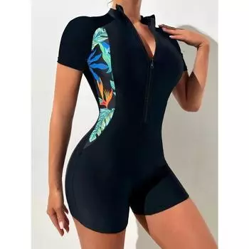 Европейский и американский цельный женский купальник с короткими рукавами S