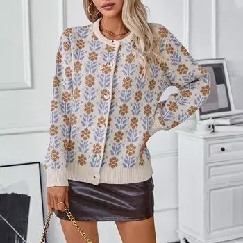 Европейский и американский цветочный жаккардовый свитер кардиган для женщин осень и зима новый стиль однобортный свитер с длинными рукавами куртка S