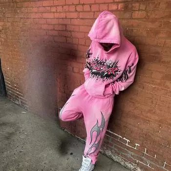 Европейский и американский хип-хоп уличная буква напечатана ретро Y2K свободная модная пара толстовка с капюшоном S розовый