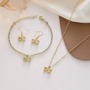 Европейский и американский хит продаж, комплект украшений в виде банта: Женские универсальные высококачественные ожерелья, браслеты и серьги 3-piece set золотой