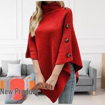 Европейский и американский кардиган-кейп с высоким воротом, однотонный, с разрезами, вязаный для женщин Medium красный