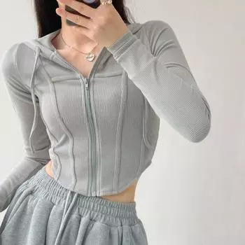 Европейский и американский кардиган с капюшоном на молнии, женская весенняя ретро-облегающая спортивная куртка с короткими рукавами и открытым пупком S коричневый