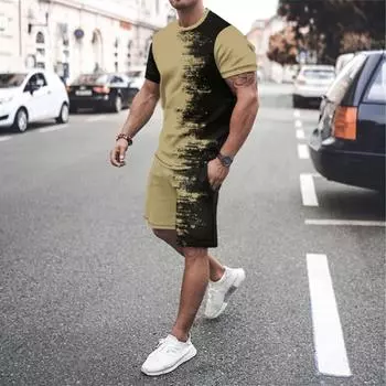 Европейский и американский комплект мужских футболок, летние шорты в стиле пэчворк с 3D принтом, комбинация с короткими рукавами, повседневный комплект из 2 предметов XL