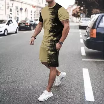 Европейский и американский комплект мужских футболок, летние шорты в стиле пэчворк с 3D принтом, комбинация с короткими рукавами, повседневный комплект из 2 предметов XXL