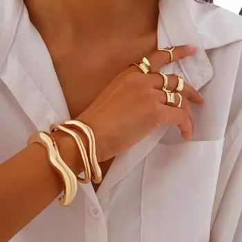 Европейский и американский комплект ювелирных изделий из разных стран: Полые плиссированные кольца и браслеты из сплава неправильной формы, 6 шт. Ring set 5148