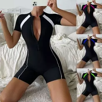 Европейский и американский купальник, цельный купальник с плоским углом, короткими рукавами, на молнии, для серфинга и пляжа S белый