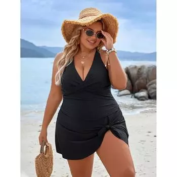 Европейский и американский купальник однотонный большой размер танкини купальник со шнуровкой консервативный купальник 1XL чёрный