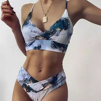 Европейский и американский купальник, сексуальный мраморный женский купальник с разрезом в стиле тай-дай, бикини с высокой талией S