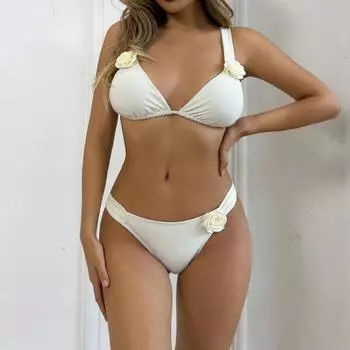 Европейский и американский купальник в стиле лотоса со складками и открытой спиной, однотонный купальник бикини с высокой талией S белый