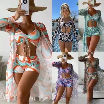 Европейский и американский купальник, женский разделенный трехсекционный блузка с высокой талией и длинными рукавами, костюм на шнурке S