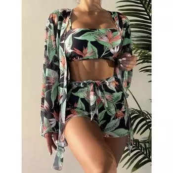 Европейский и американский купальники, женский разделенный костюм-тройка, высокая талия, боксеры с длинными рукавами, бикини S