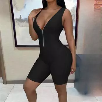 Европейский и американский летний комбинезон на молнии с V-образным вырезом без рукавов, однотонный, облегающий, женская одежда S красный