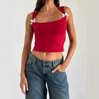 Европейский и американский летний облегающий жилет Y2K с короткими подтяжками и бантом для женщин S белый