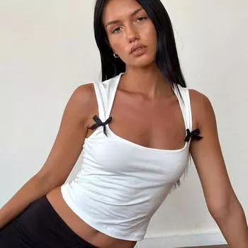Европейский и американский летний облегающий жилет Y2K с короткими подтяжками и бантом для женщин S белый